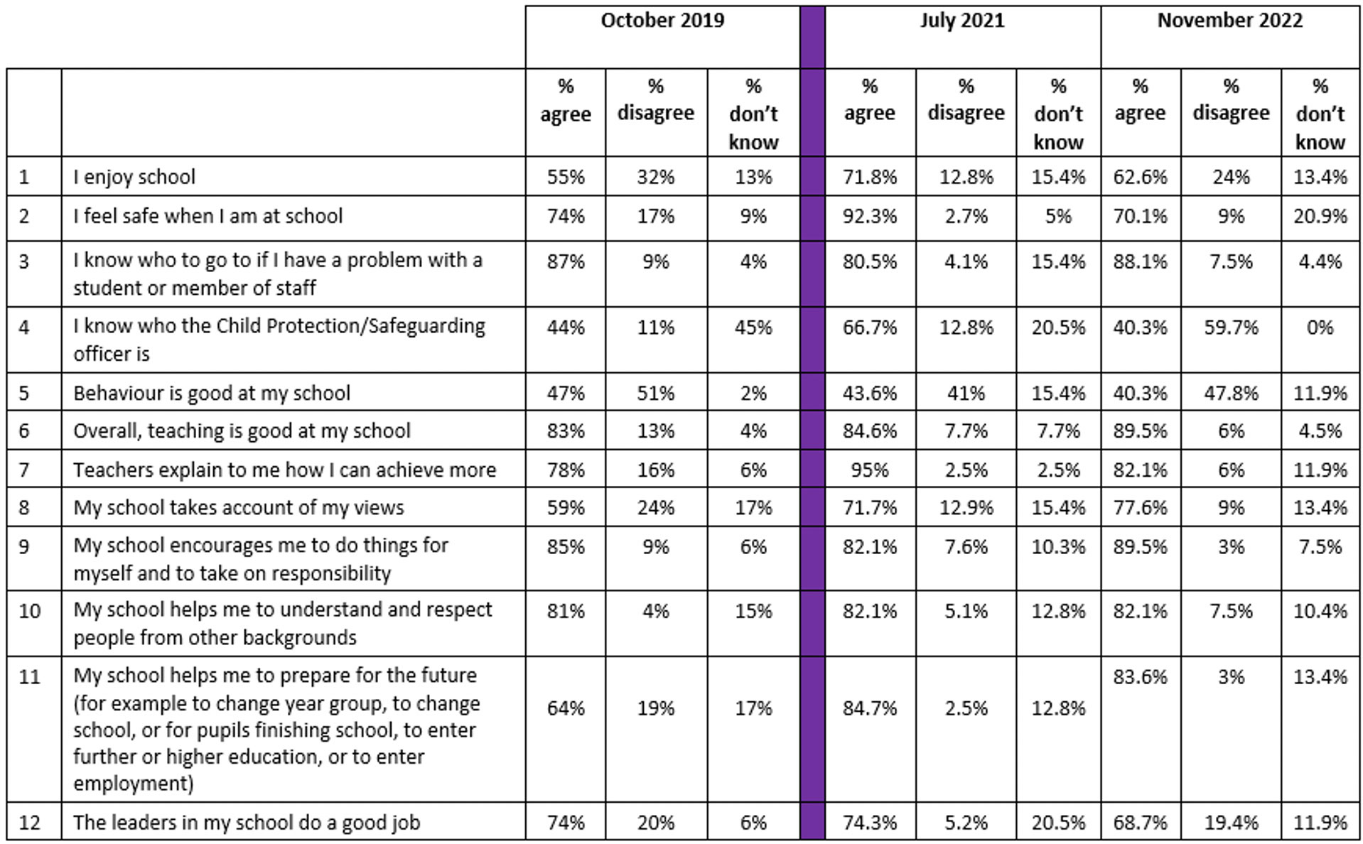 Table of 12 questions around pupils experience of the school, behaviour, support of teachers progress, wellbeing and day to day issues and concerns, questions had general agreement with a minority of pupils giving negative and don’t know responses